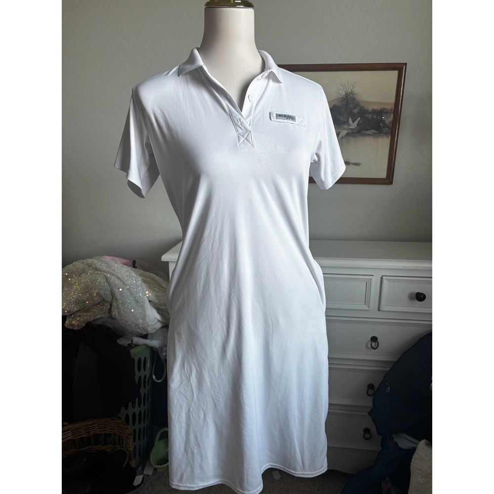 Columbia PFG Dress Womens Small White Polo‎ Short Sleeve Fishing Pockets